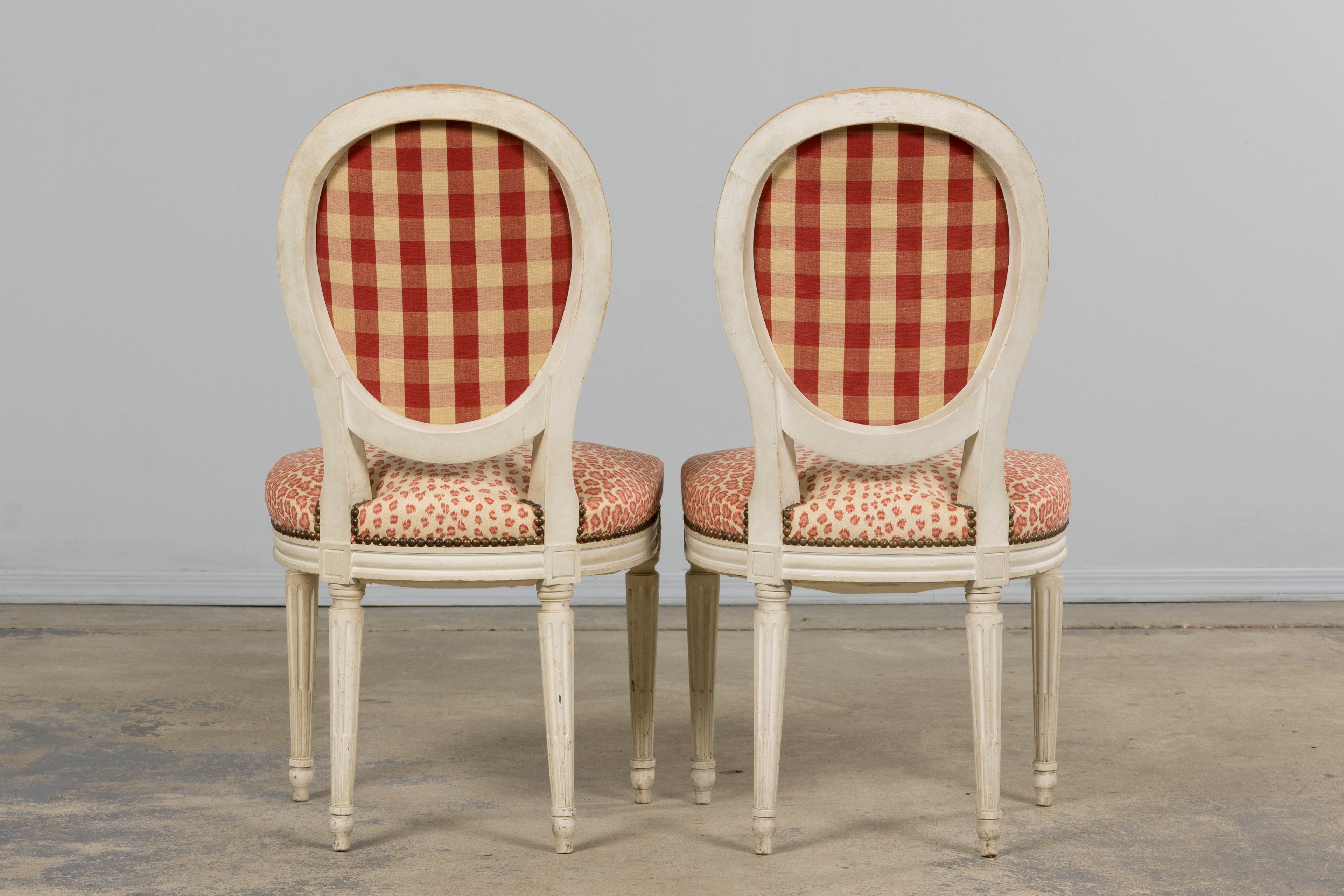 Antique French Louis XVI Style Painted Dining Chairs W/ Leopard Jacquard - Set of 6