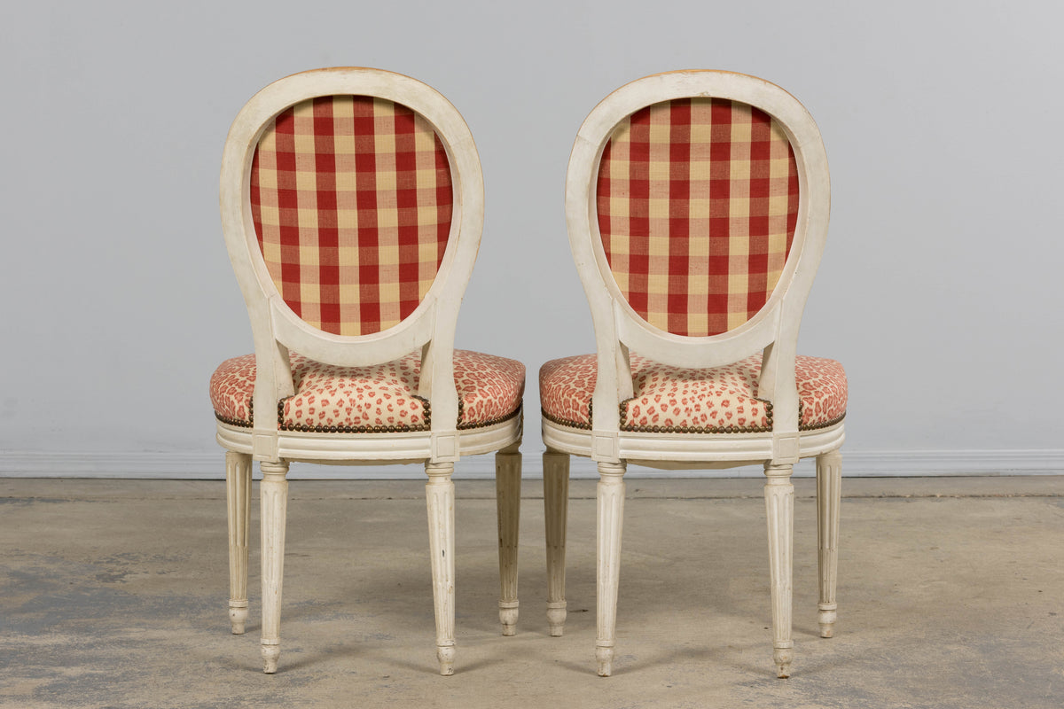 Antique French Louis XVI Style Painted Dining Chairs W/ Leopard Jacquard - Set of 6