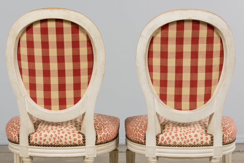Antique French Louis XVI Style Painted Dining Chairs W/ Leopard Jacquard - Set of 6
