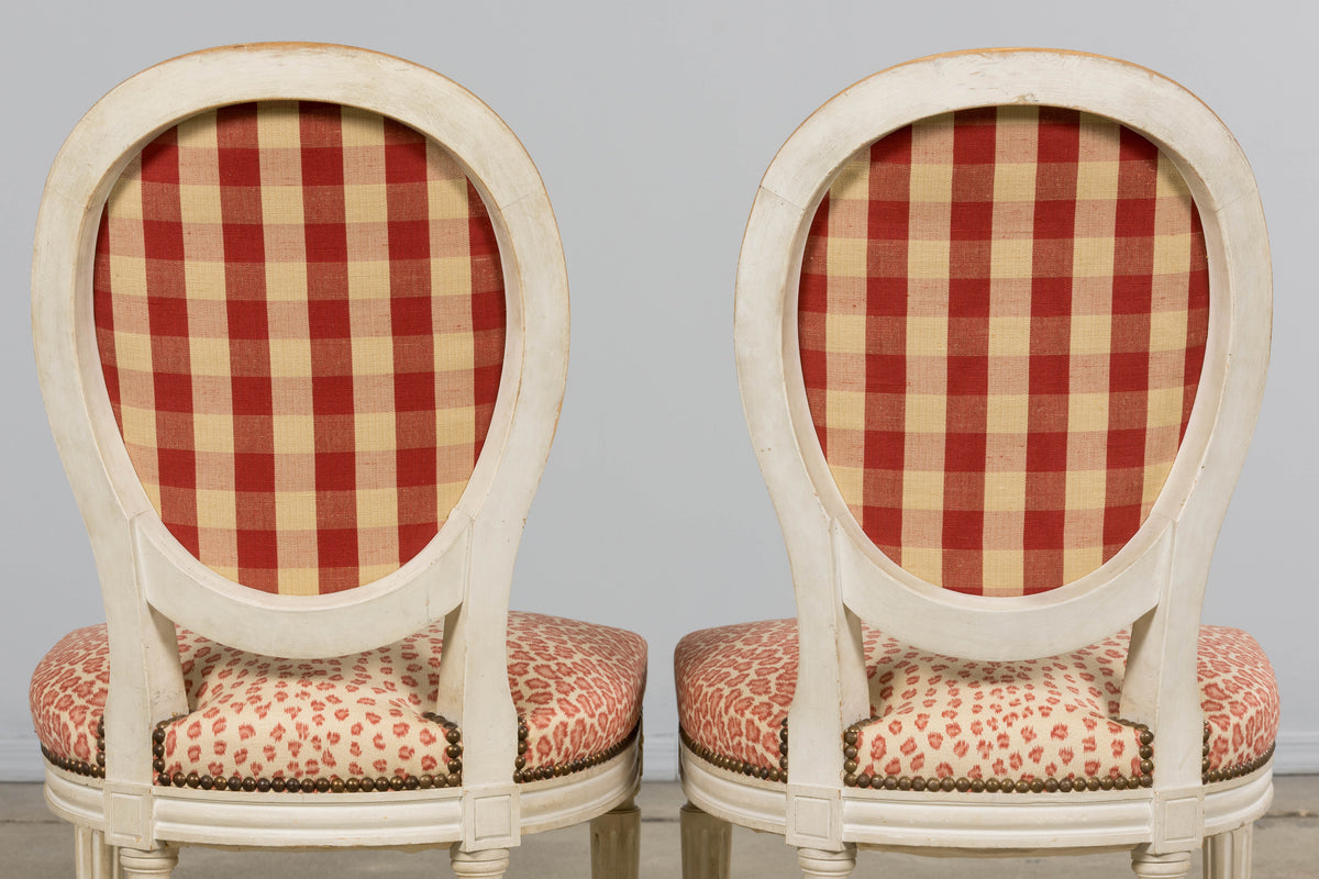 Antique French Louis XVI Style Painted Dining Chairs W/ Leopard Jacquard - Set of 6