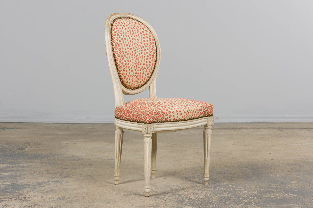 Antique French Louis XVI Style Painted Dining Chairs W/ Leopard Jacquard - Set of 6