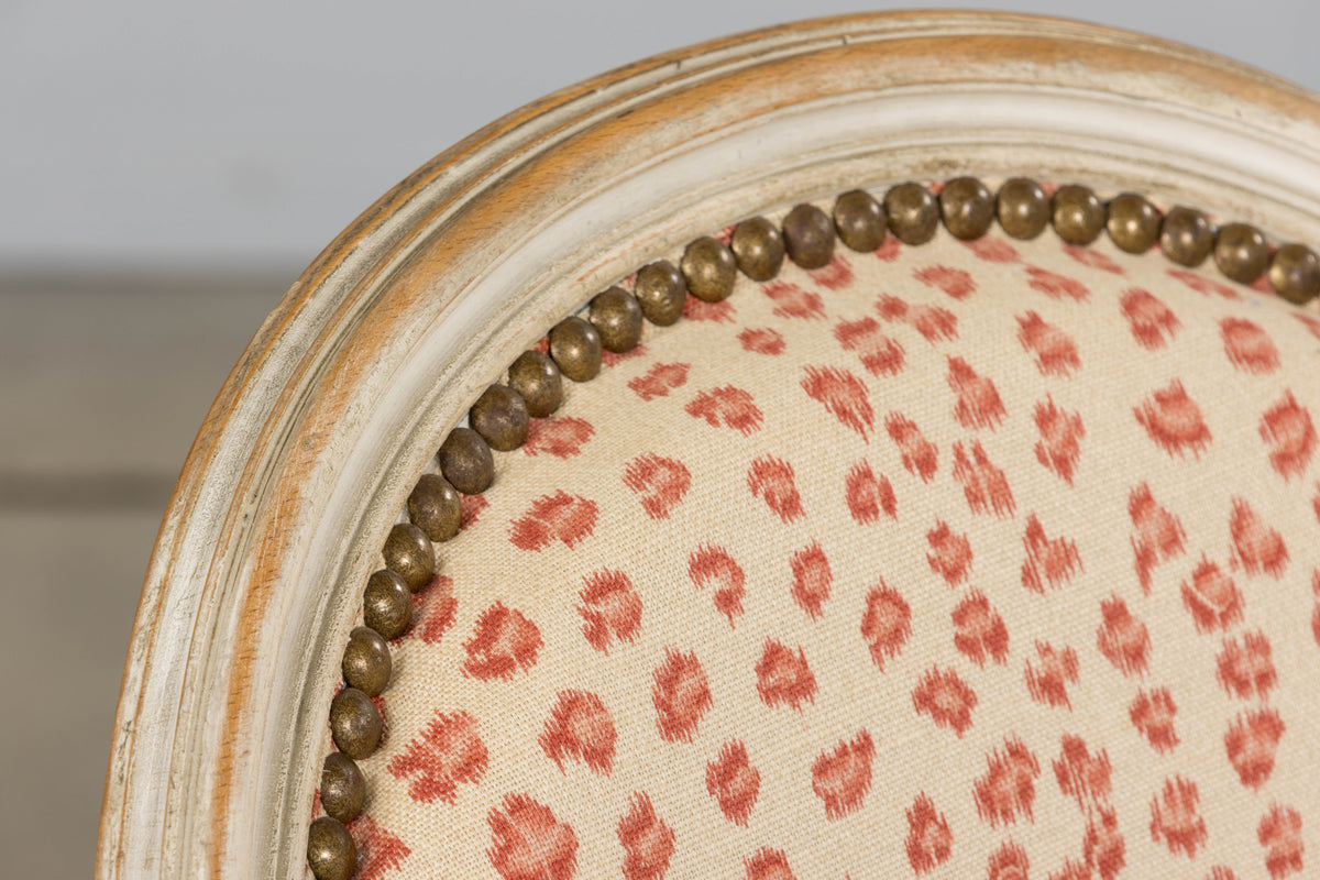 Antique French Louis XVI Style Painted Dining Chairs W/ Leopard Jacquard - Set of 6