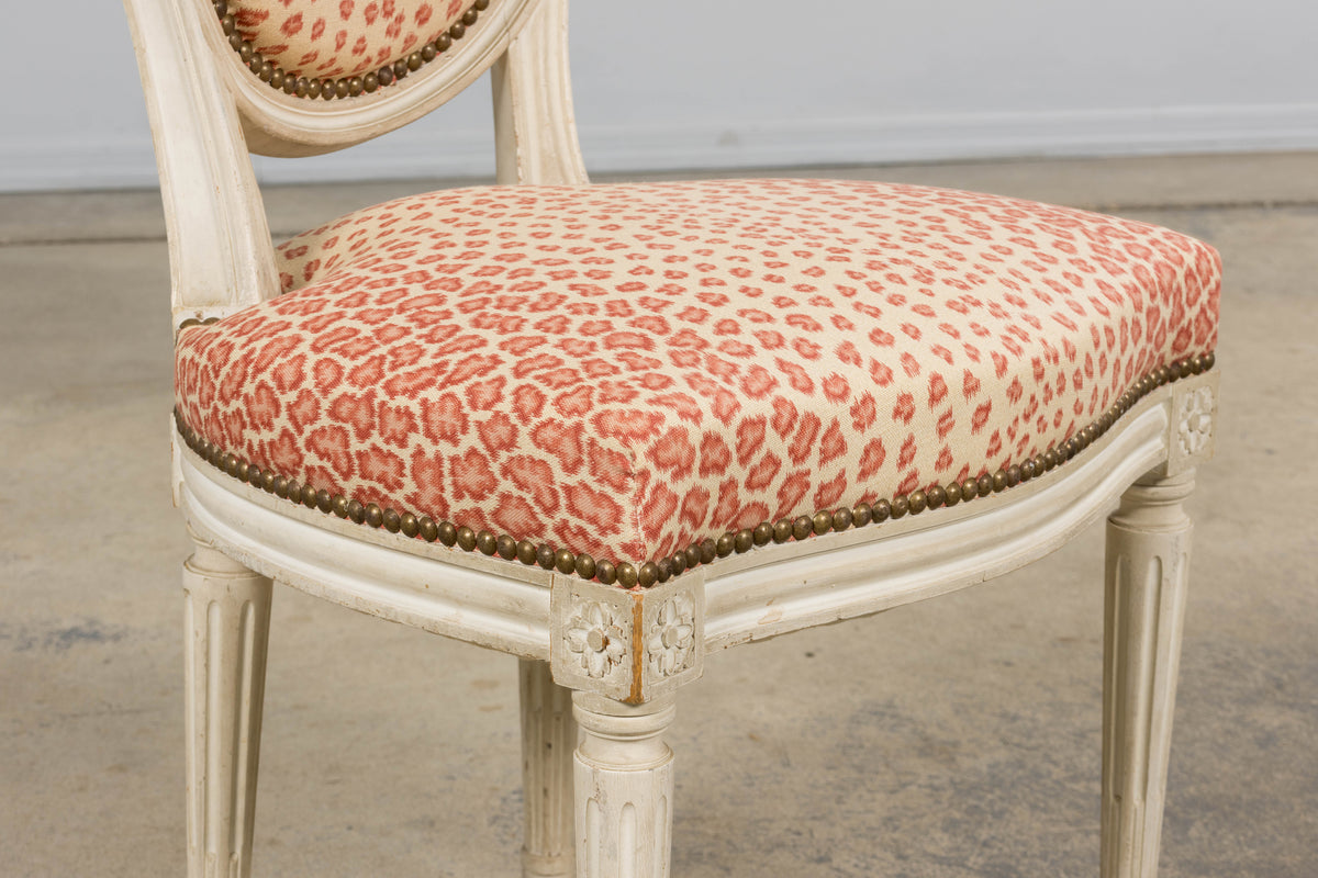 Antique French Louis XVI Style Painted Dining Chairs W/ Leopard Jacquard - Set of 6