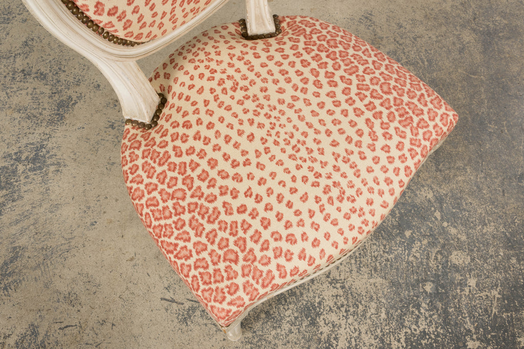 Antique French Louis XVI Style Painted Dining Chairs W/ Leopard Jacquard - Set of 6