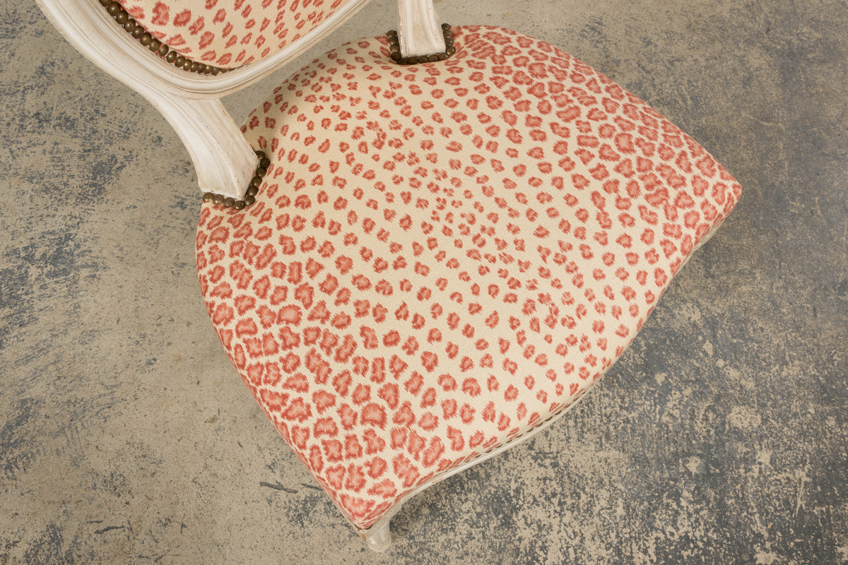 Antique French Louis XVI Style Painted Dining Chairs W/ Leopard Jacquard - Set of 6