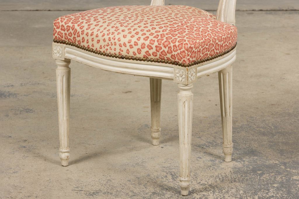 Antique French Louis XVI Style Painted Dining Chairs W/ Leopard Jacquard - Set of 6