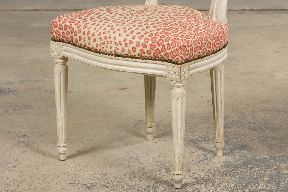 Antique French Louis XVI Style Painted Dining Chairs W/ Leopard Jacquard - Set of 6