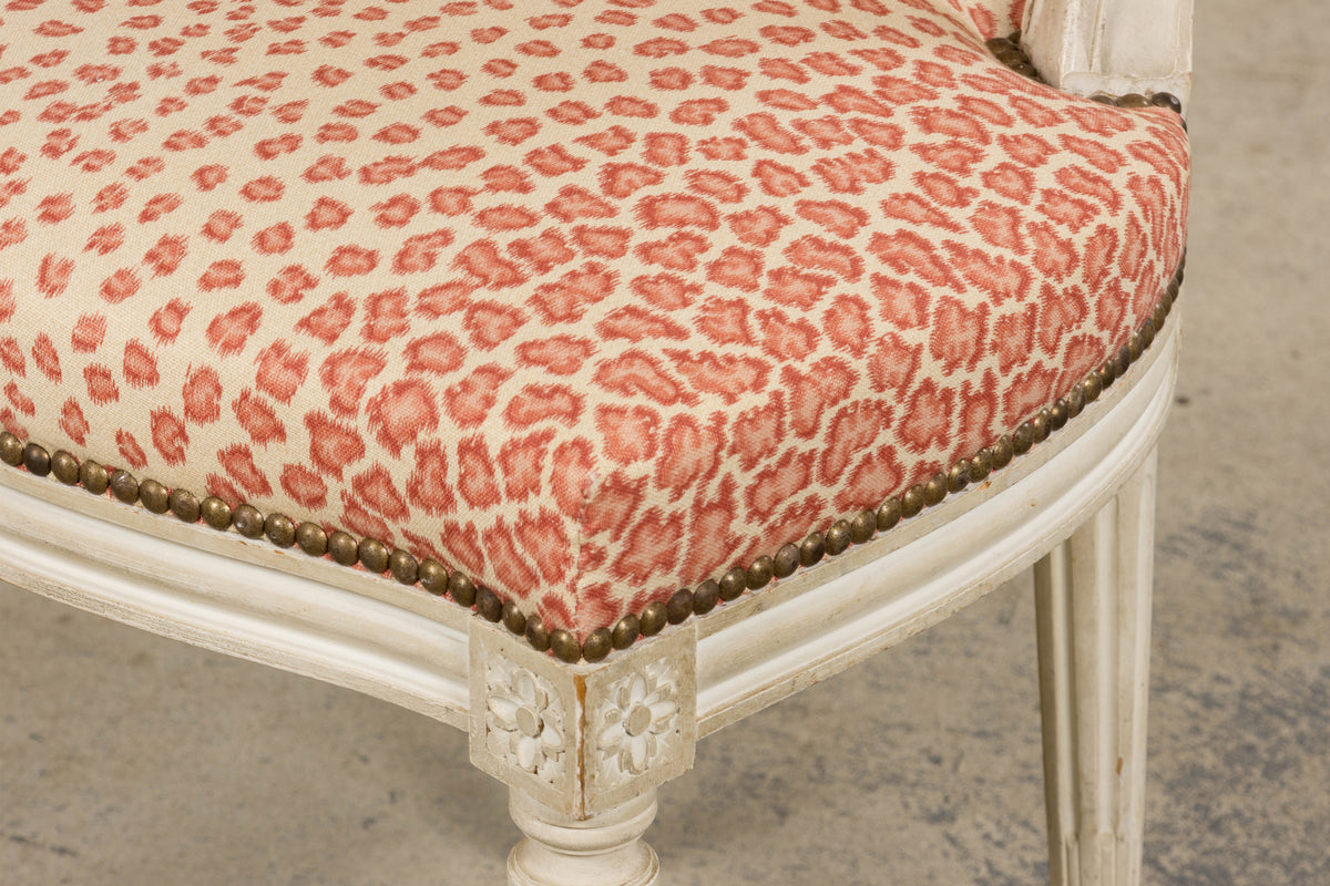 Antique French Louis XVI Style Painted Dining Chairs W/ Leopard Jacquard - Set of 6