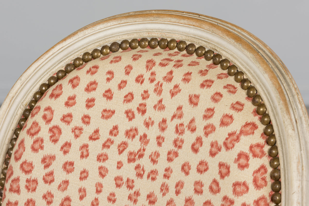 Antique French Louis XVI Style Painted Dining Chairs W/ Leopard Jacquard - Set of 6