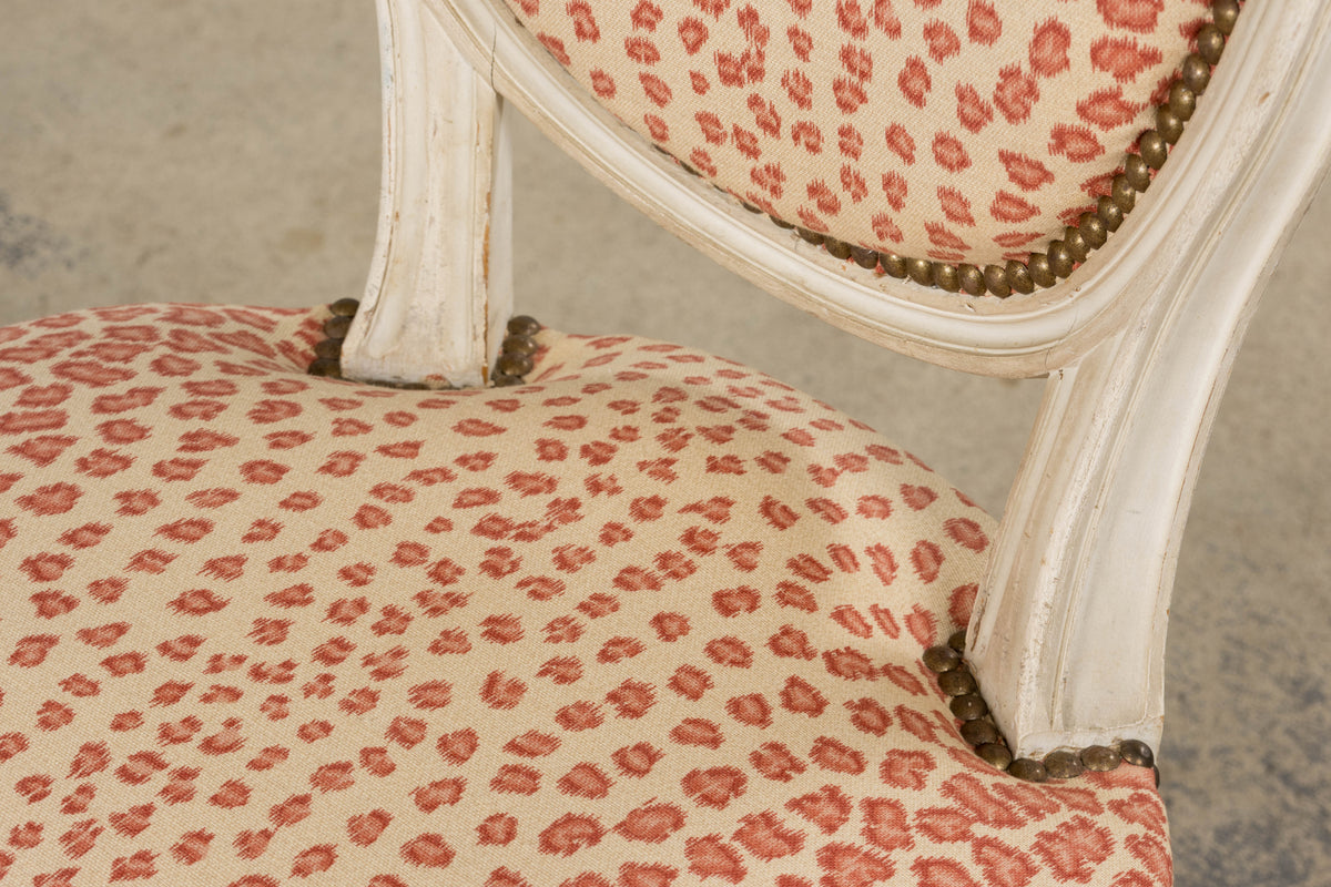 Antique French Louis XVI Style Painted Dining Chairs W/ Leopard Jacquard - Set of 6