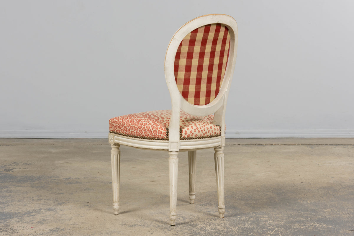 Antique French Louis XVI Style Painted Dining Chairs W/ Leopard Jacquard - Set of 6