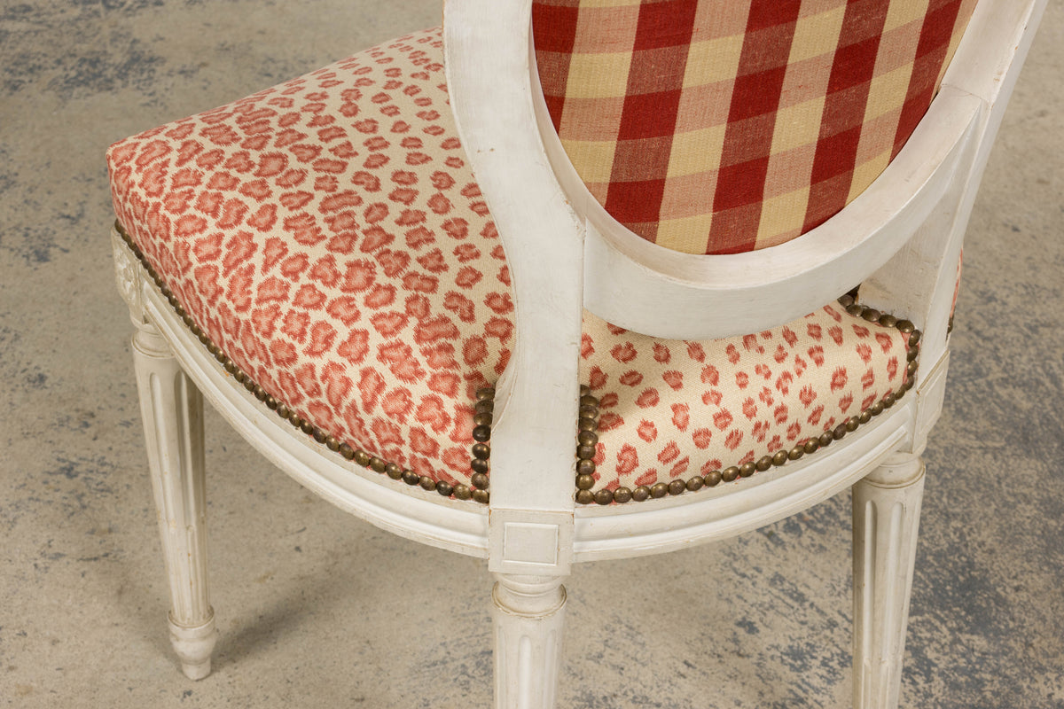Antique French Louis XVI Style Painted Dining Chairs W/ Leopard Jacquard - Set of 6