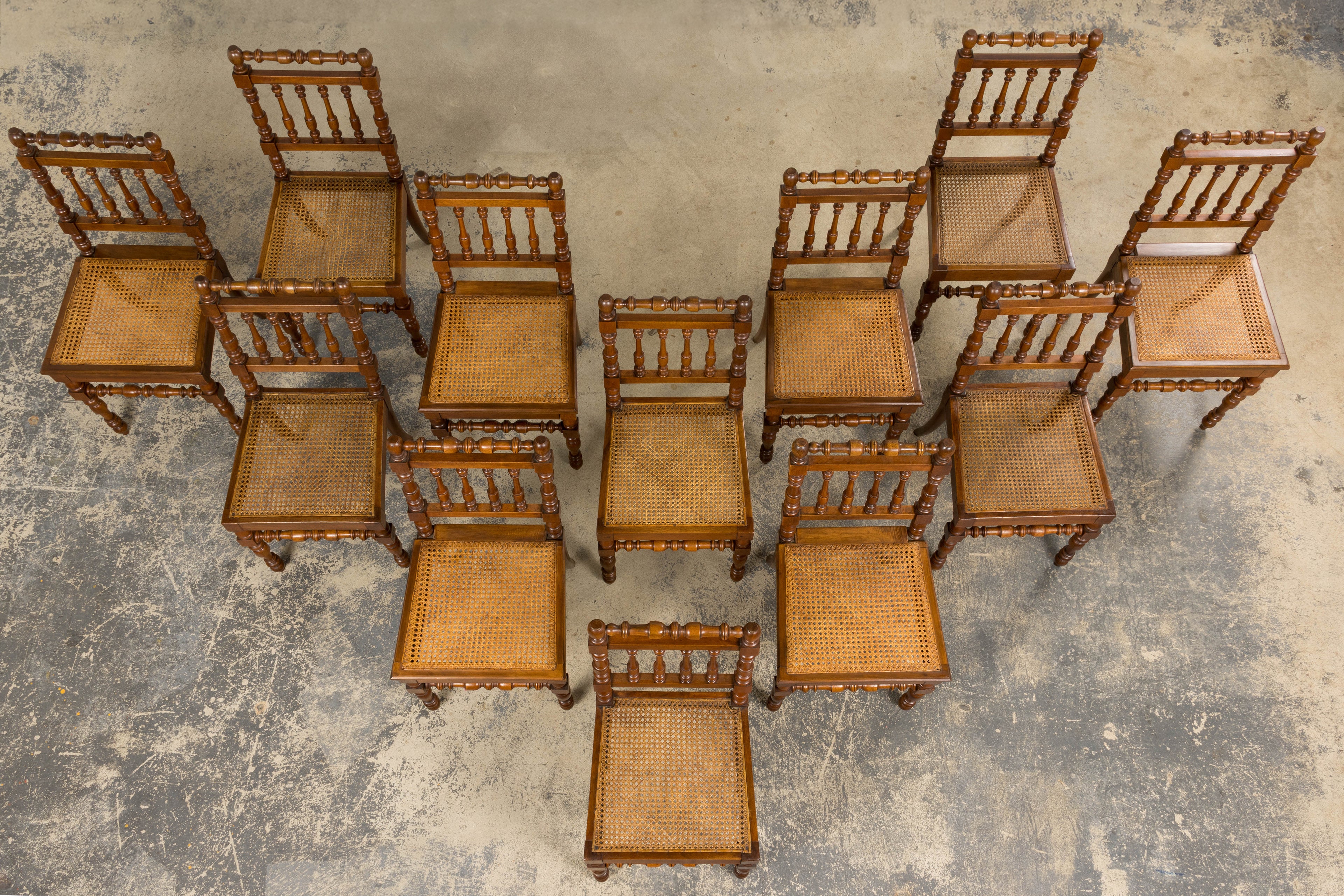 19th Century French Louis XIII Walnut Dining Chairs W/ Cane Seats - Set of 12