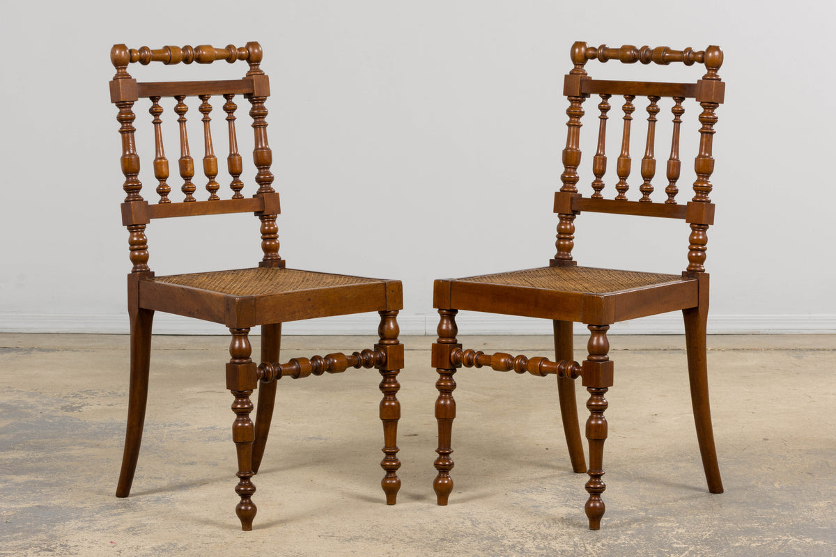 19th Century French Louis XIII Walnut Dining Chairs W/ Cane Seats - Set of 12