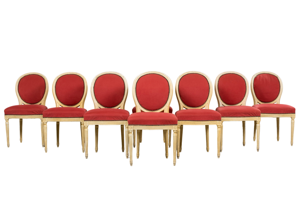 Antique French Louis XVI Style Painted Dining Chairs in Raspberry Velvet - Set of 8