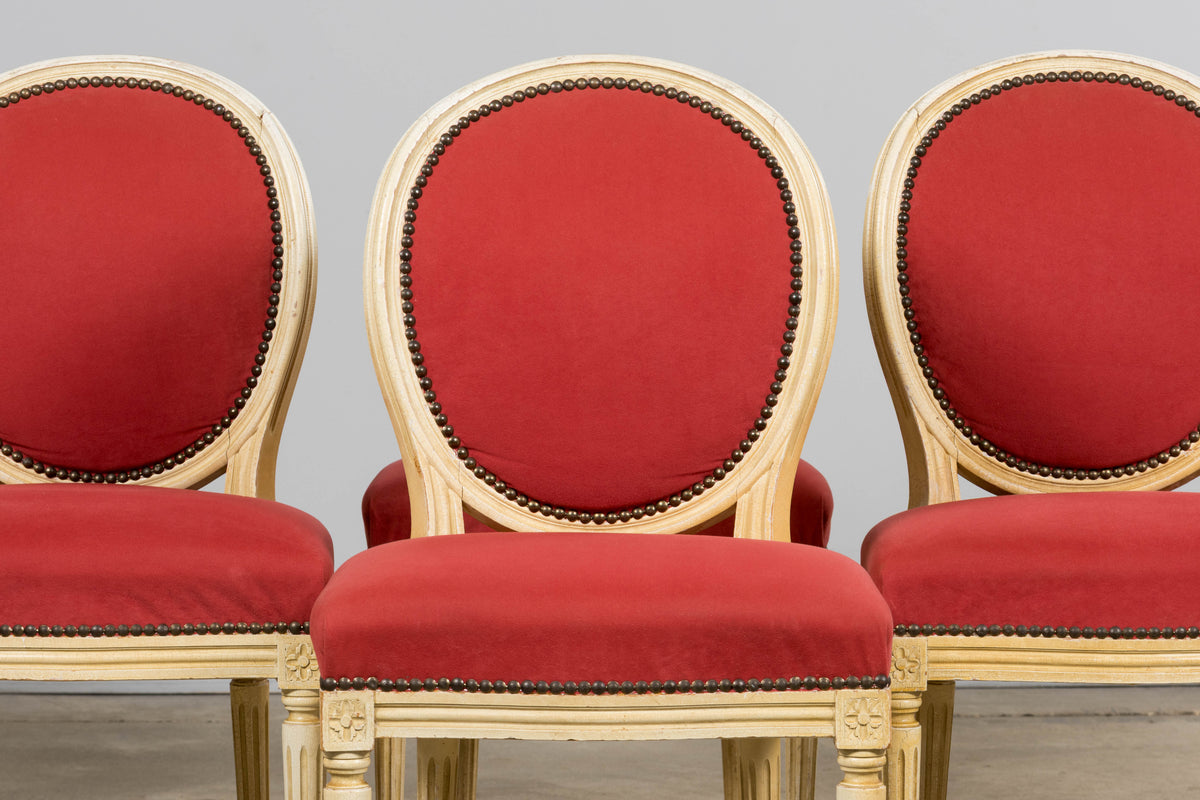 Antique French Louis XVI Style Painted Dining Chairs in Raspberry Velvet - Set of 8