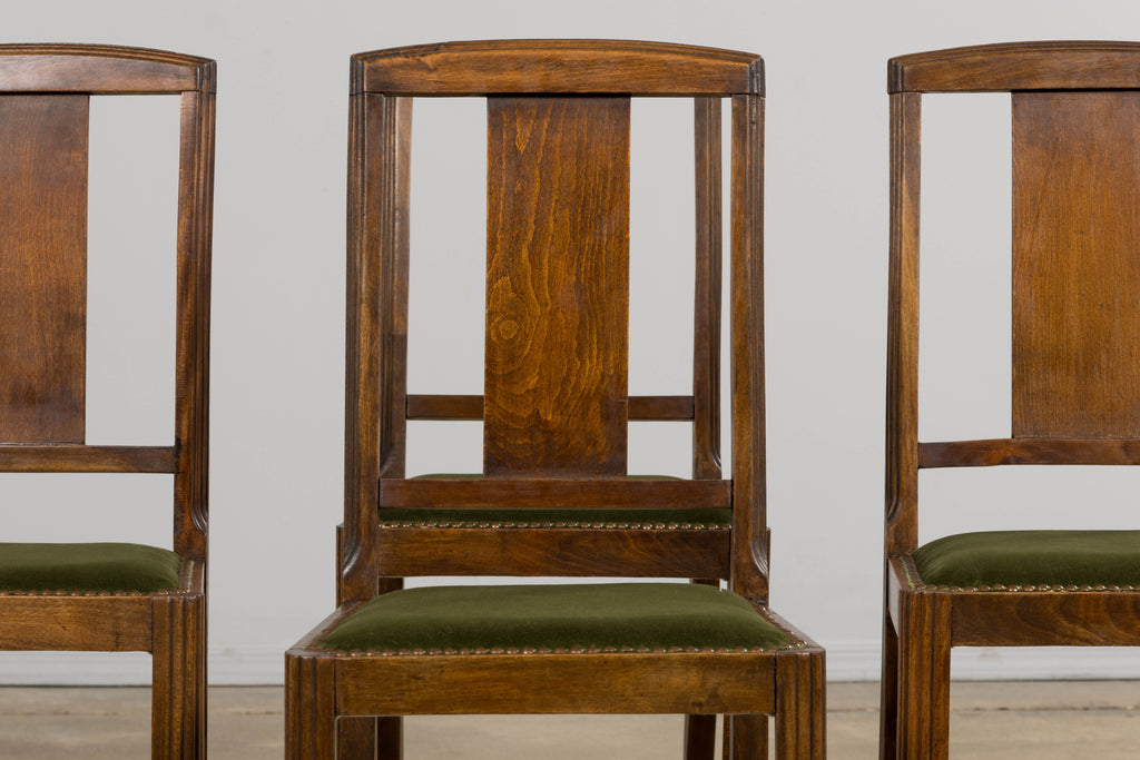 1930s French Art Deco Maple Dining Chairs W/ Olive Green Velvet - Set of 6
