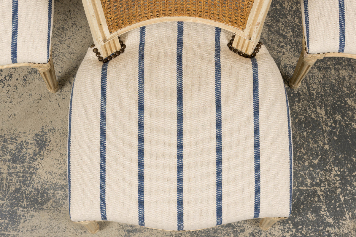 Antique French Louis XVI Painted Cane Back Dining Chairs in Blue Stripe - Set of 6