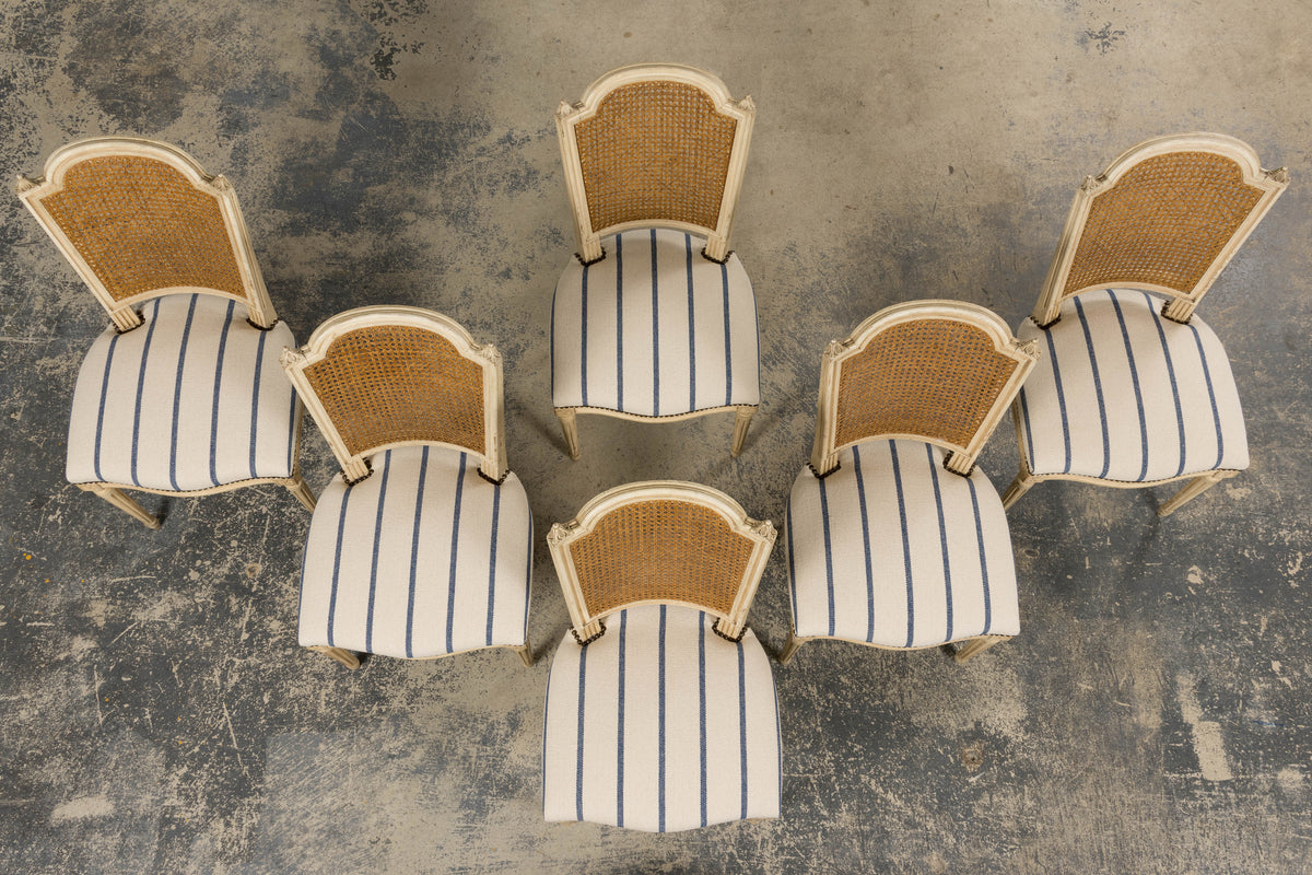 Antique French Louis XVI Painted Cane Back Dining Chairs in Blue Stripe - Set of 6