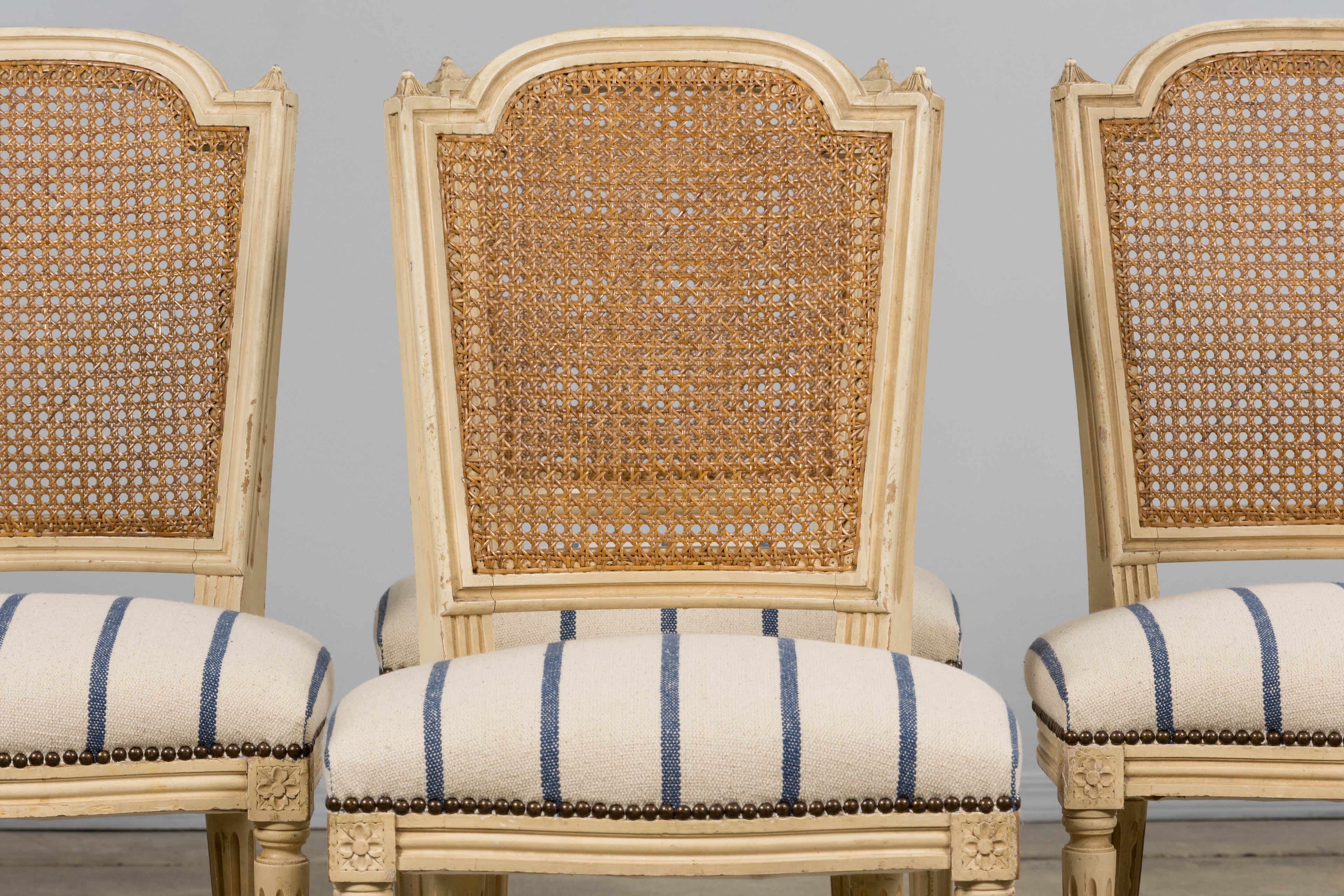 Antique French Louis XVI Painted Cane Back Dining Chairs in Blue Stripe - Set of 6