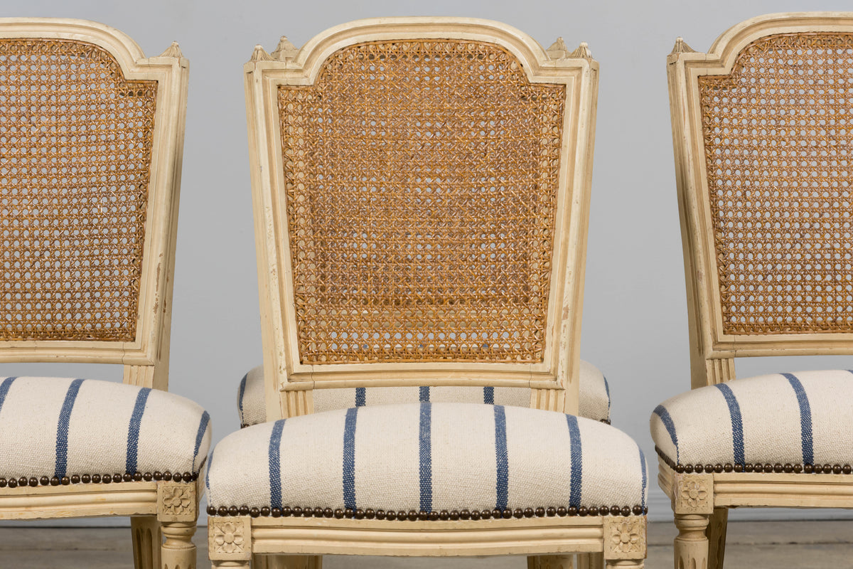 Antique French Louis XVI Painted Cane Back Dining Chairs in Blue Stripe - Set of 6