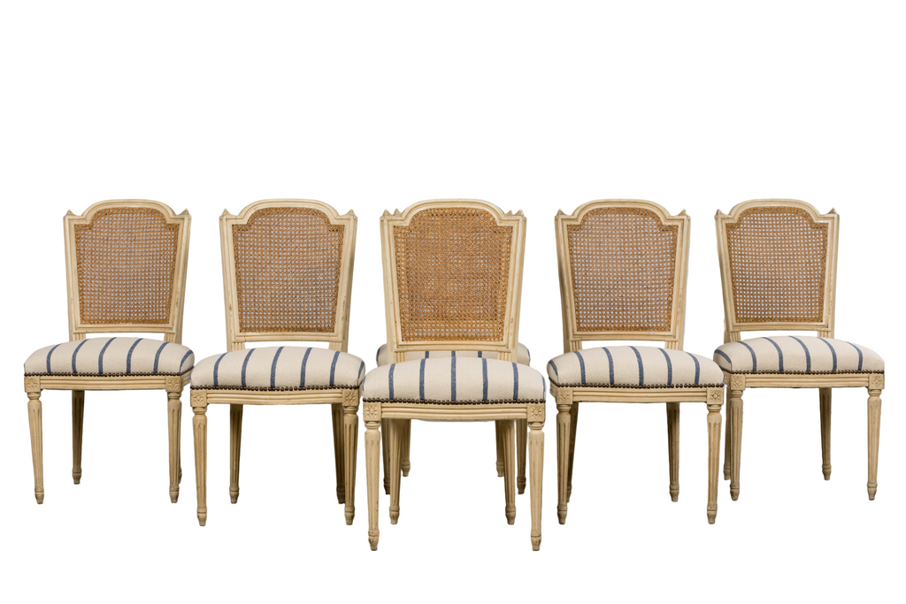 Antique French Louis XVI Painted Cane Back Dining Chairs in Blue Stripe - Set of 6