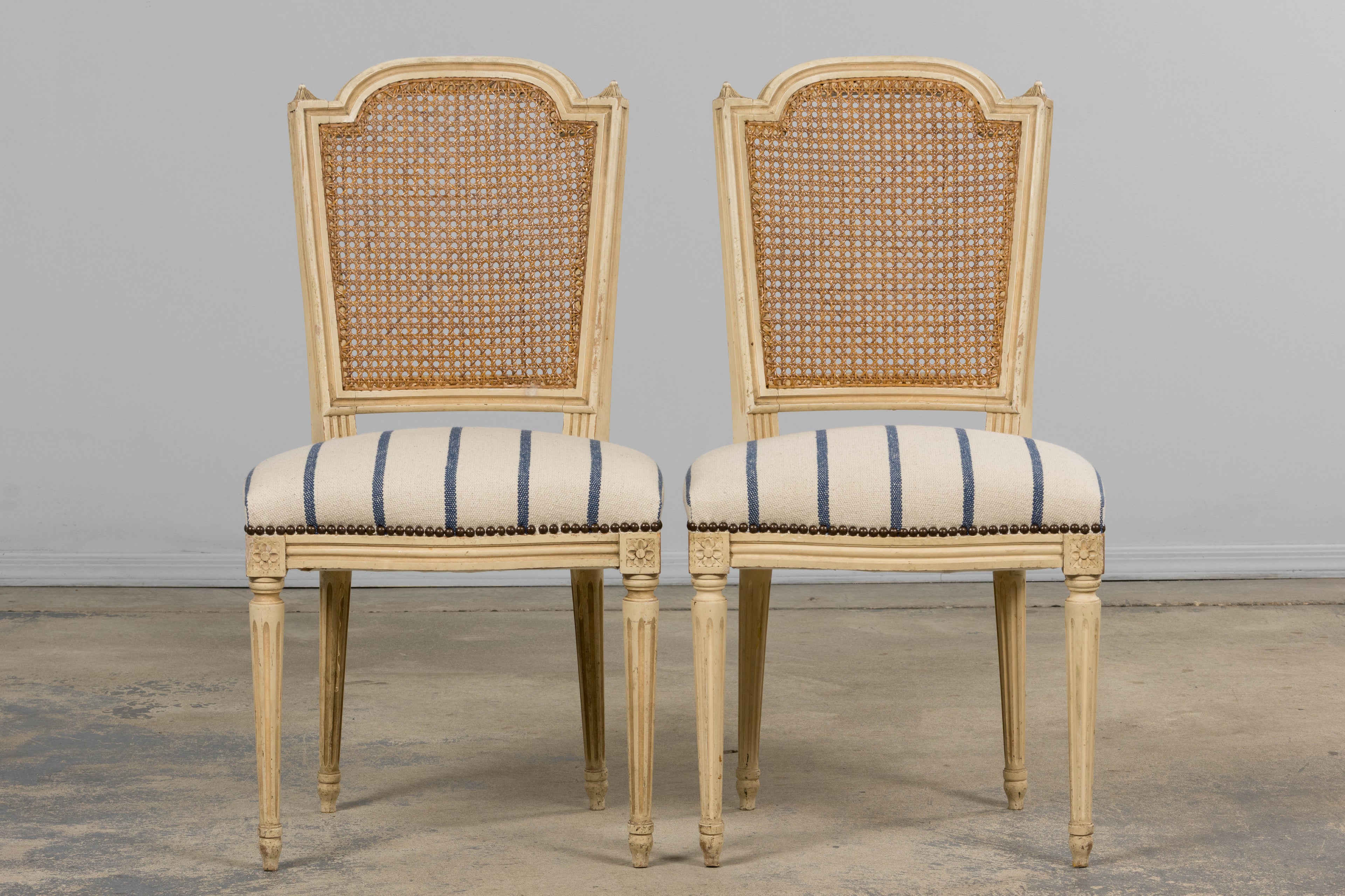 Antique French Louis XVI Painted Cane Back Dining Chairs in Blue Stripe - Set of 6