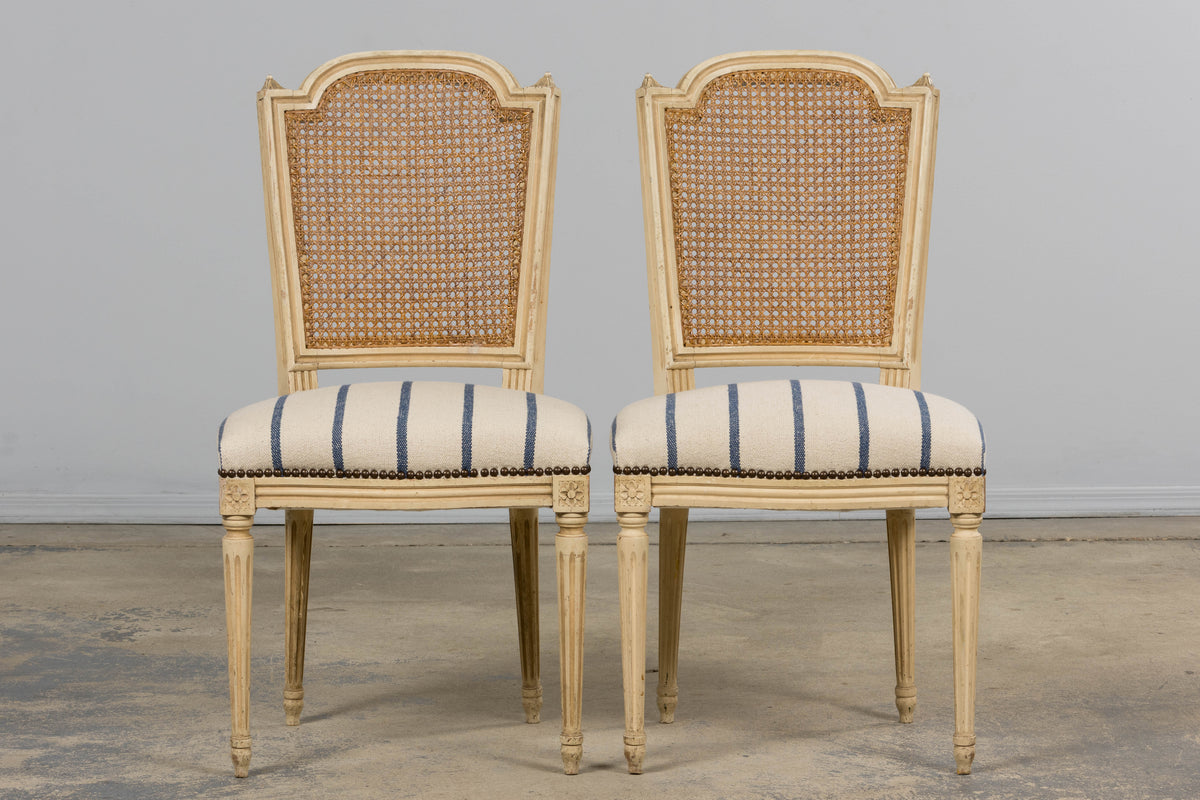 Antique French Louis XVI Painted Cane Back Dining Chairs in Blue Stripe - Set of 6