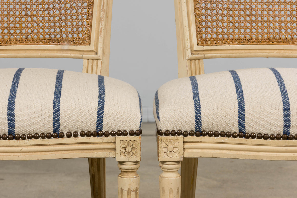 Antique French Louis XVI Painted Cane Back Dining Chairs in Blue Stripe - Set of 6