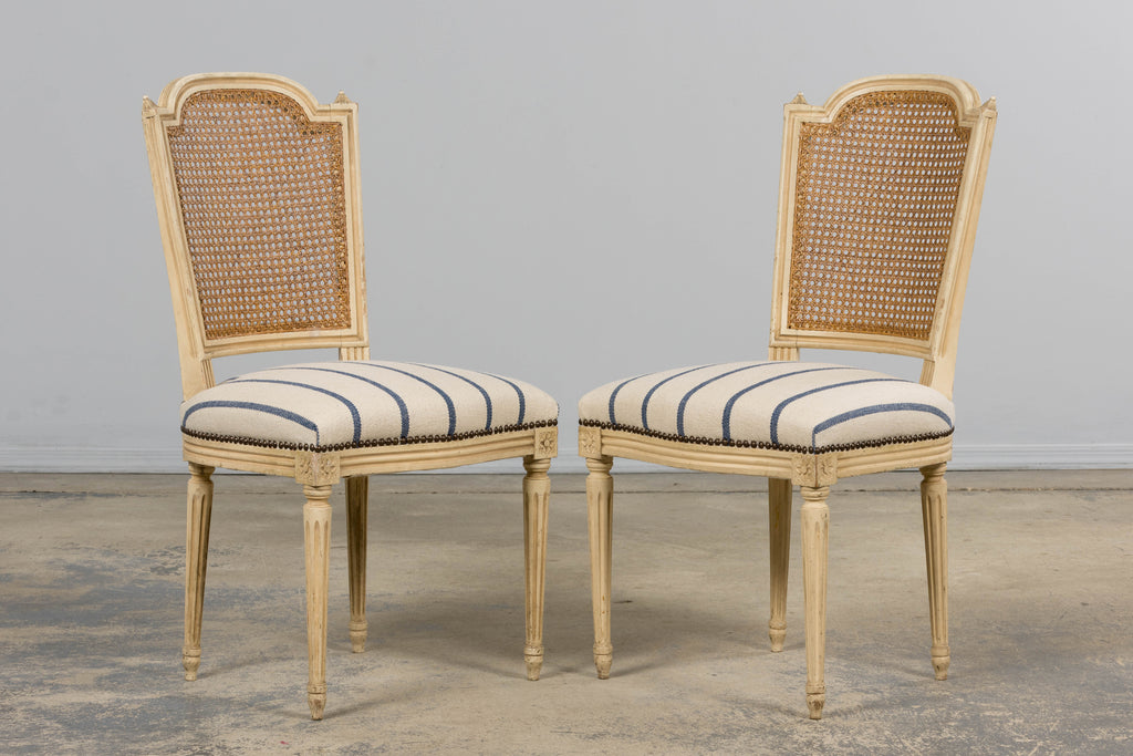 Antique French Louis XVI Painted Cane Back Dining Chairs in Blue Stripe - Set of 6