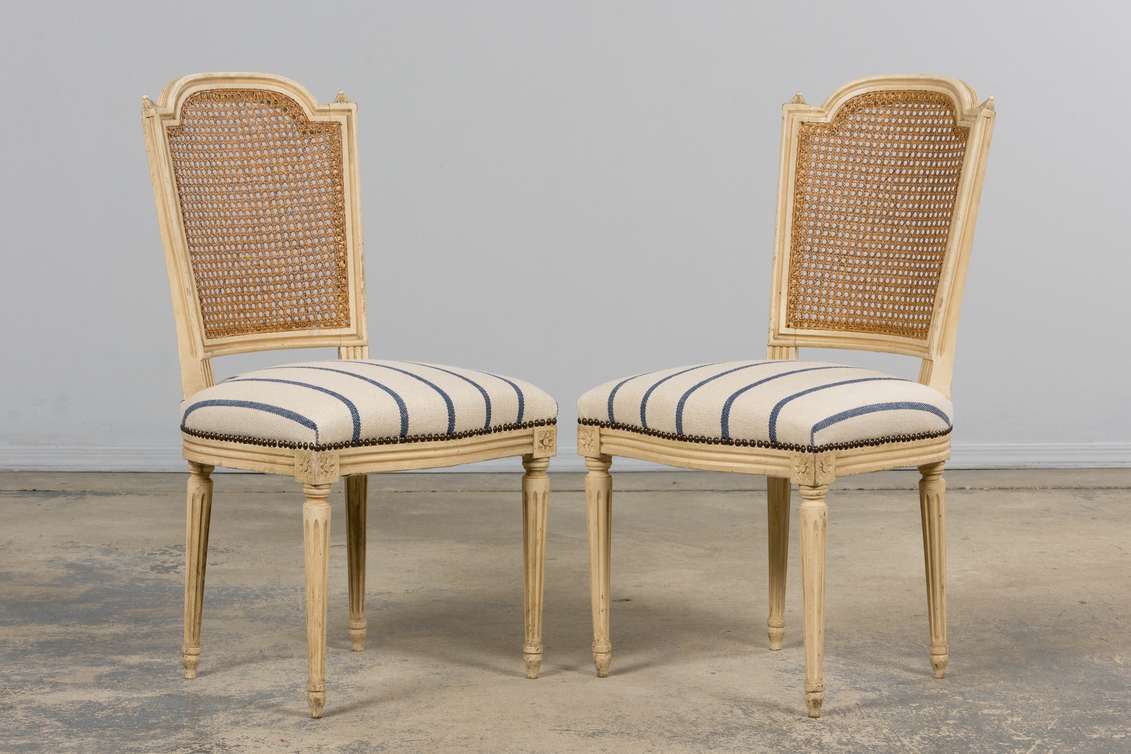 Antique French Louis XVI Painted Cane Back Dining Chairs in Blue Stripe - Set of 6