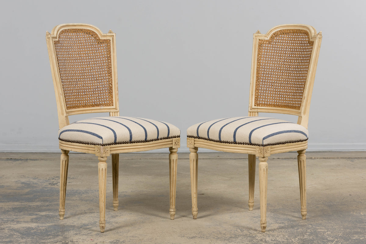 Antique French Louis XVI Painted Cane Back Dining Chairs in Blue Stripe - Set of 6