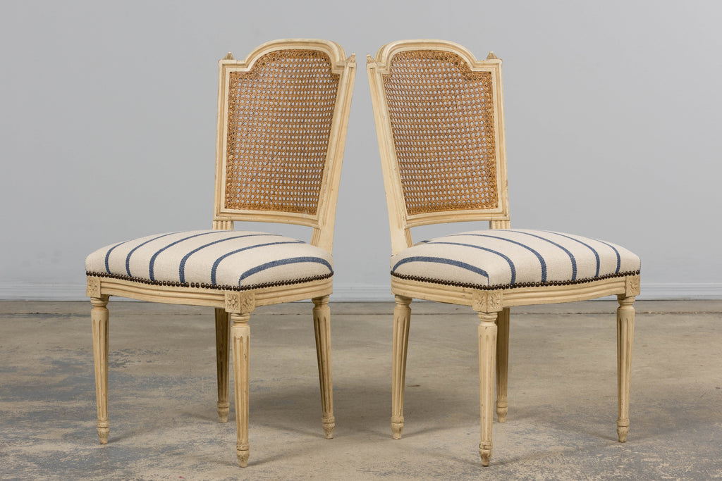 Antique French Louis XVI Painted Cane Back Dining Chairs in Blue Stripe - Set of 6