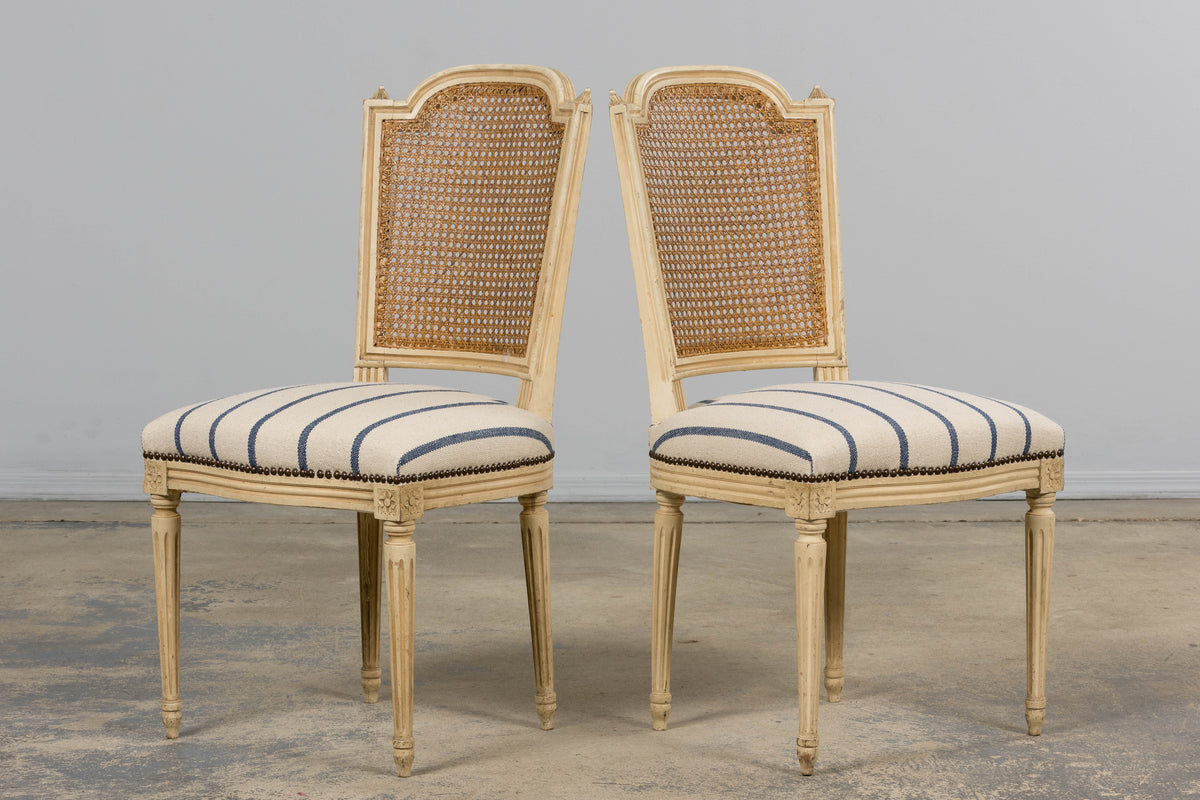 Antique French Louis XVI Painted Cane Back Dining Chairs in Blue Stripe - Set of 6