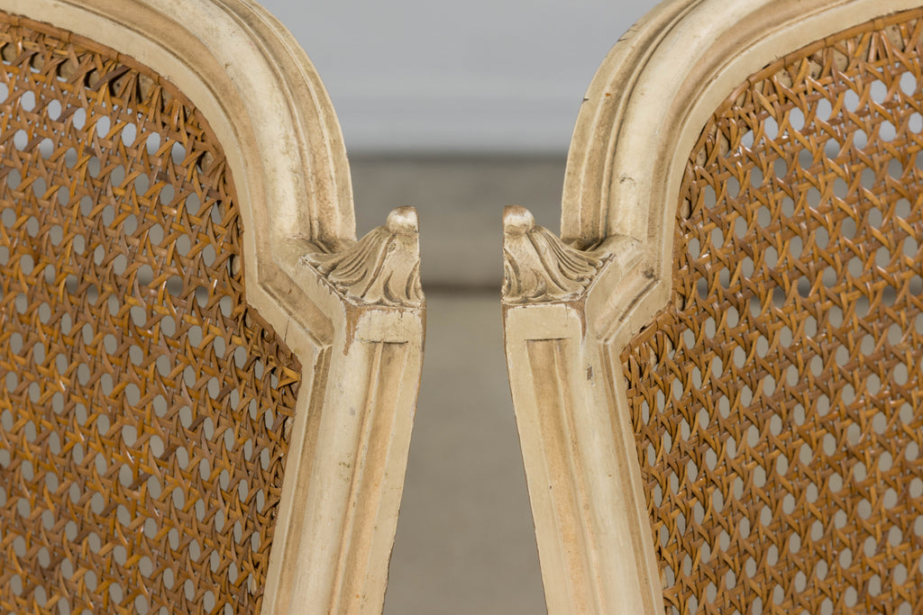 Antique French Louis XVI Painted Cane Back Dining Chairs in Blue Stripe - Set of 6
