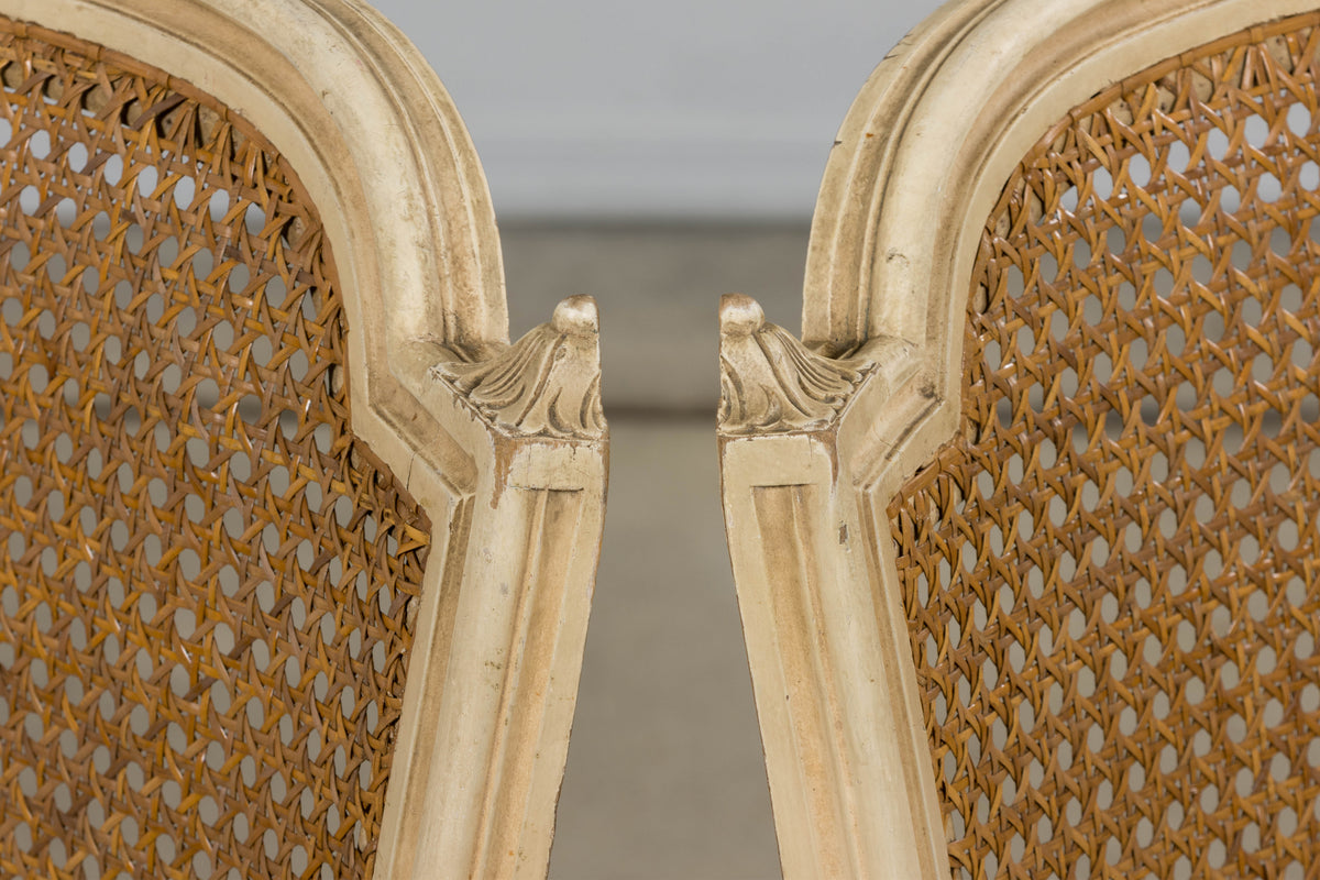 Antique French Louis XVI Painted Cane Back Dining Chairs in Blue Stripe - Set of 6