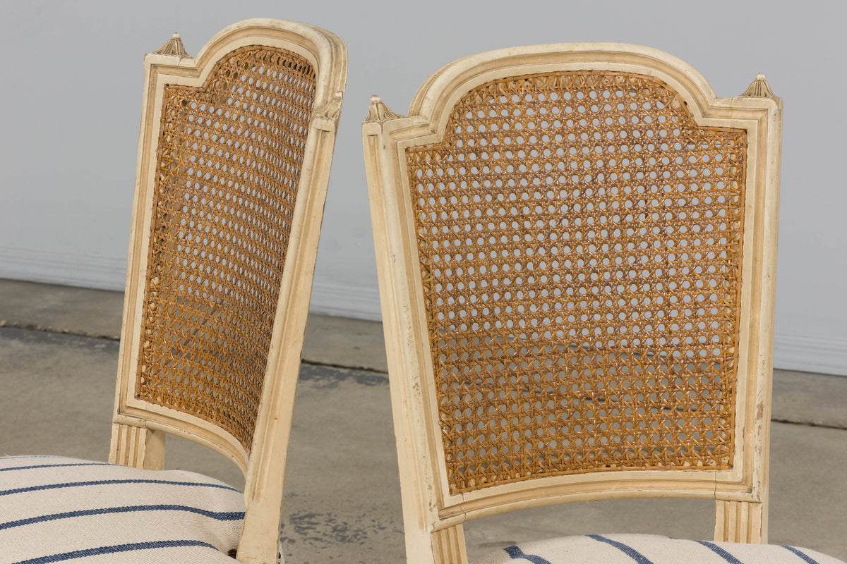 Antique French Louis XVI Painted Cane Back Dining Chairs in Blue Stripe - Set of 6