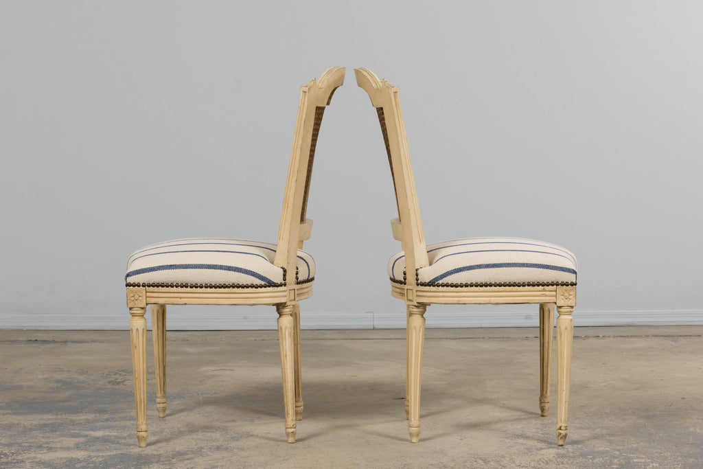 Antique French Louis XVI Painted Cane Back Dining Chairs in Blue Stripe - Set of 6