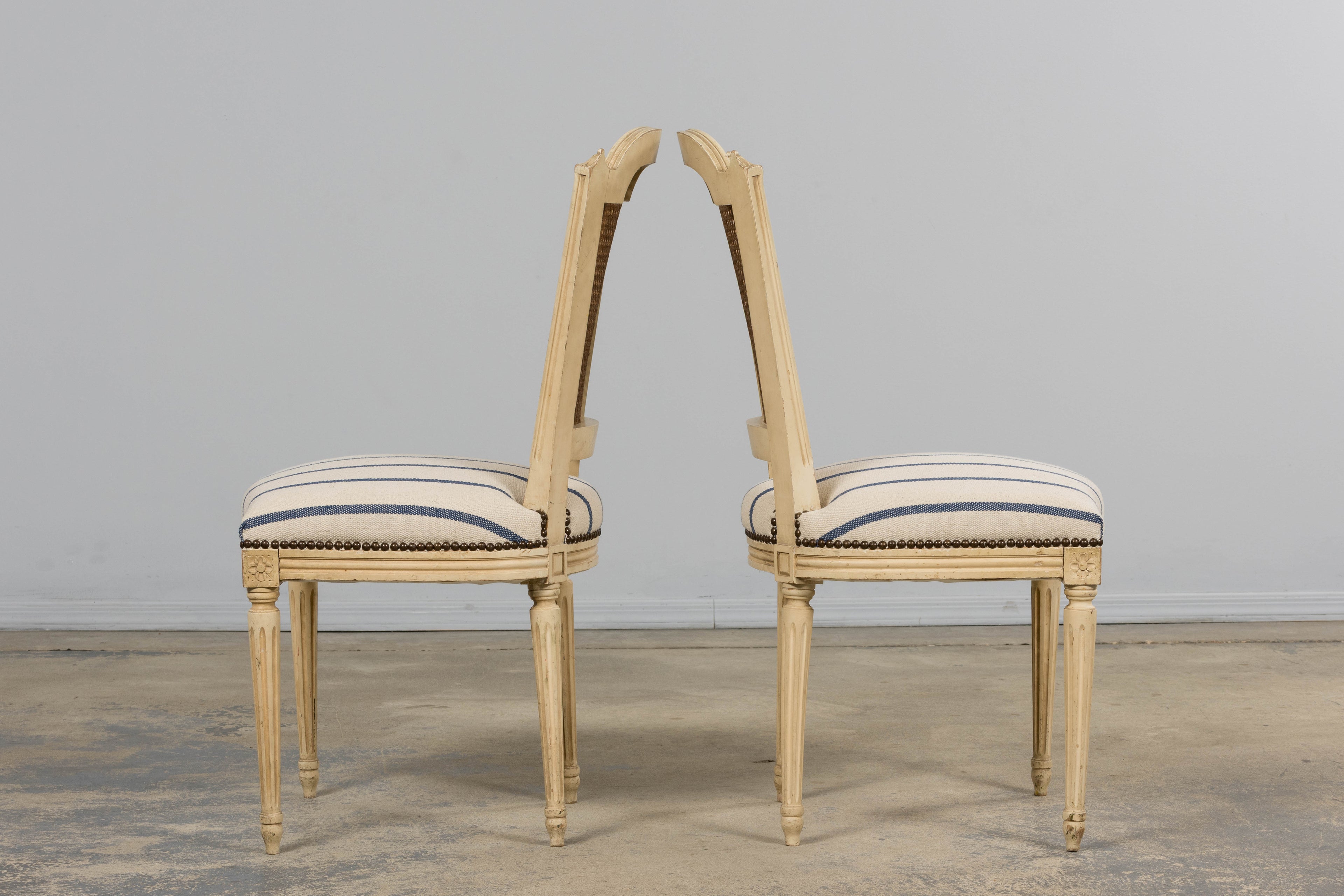 Antique French Louis XVI Painted Cane Back Dining Chairs in Blue Stripe - Set of 6
