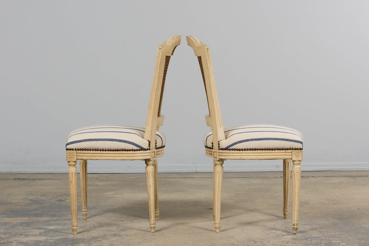 Antique French Louis XVI Painted Cane Back Dining Chairs in Blue Stripe - Set of 6