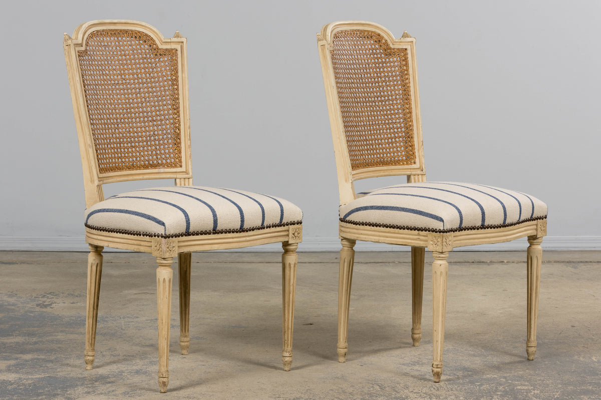 Antique French Louis XVI Painted Cane Back Dining Chairs in Blue Stripe - Set of 6