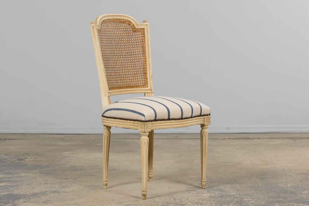 Antique French Louis XVI Painted Cane Back Dining Chairs in Blue Stripe - Set of 6