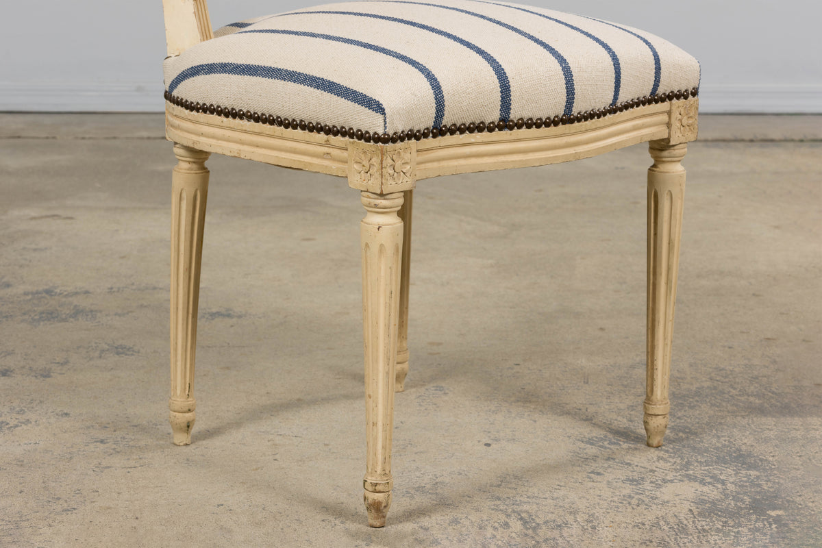 Antique French Louis XVI Painted Cane Back Dining Chairs in Blue Stripe - Set of 6