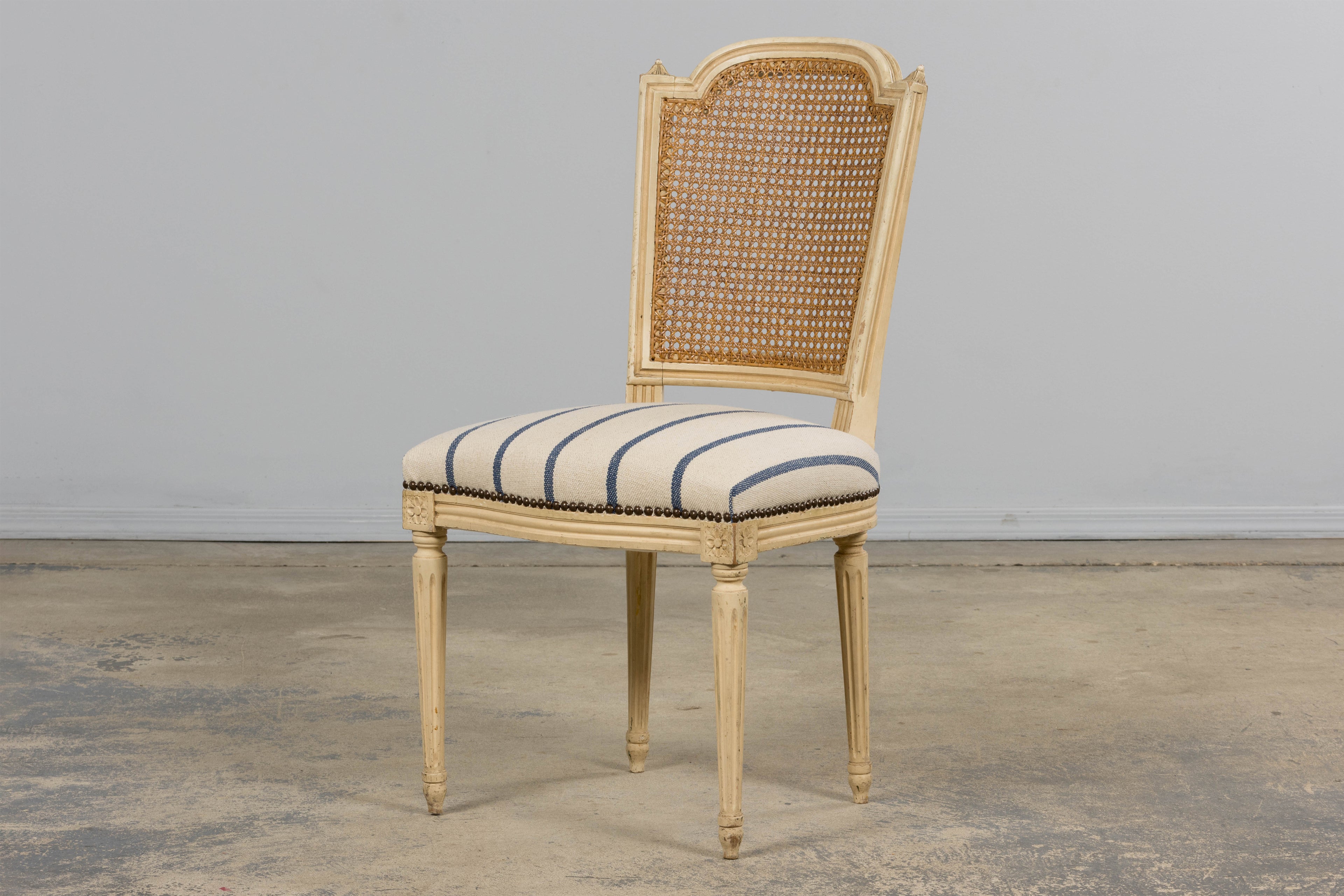 Antique French Louis XVI Painted Cane Back Dining Chairs in Blue Stripe - Set of 6