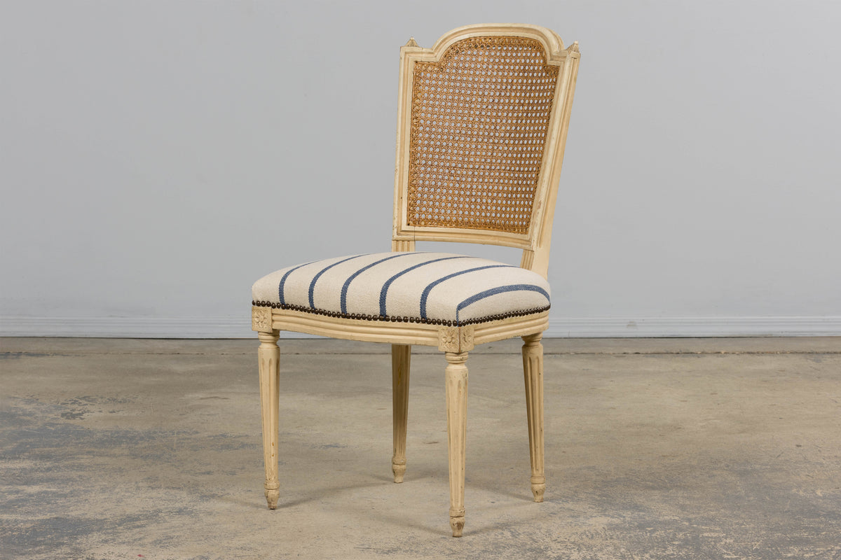 Antique French Louis XVI Painted Cane Back Dining Chairs in Blue Stripe - Set of 6
