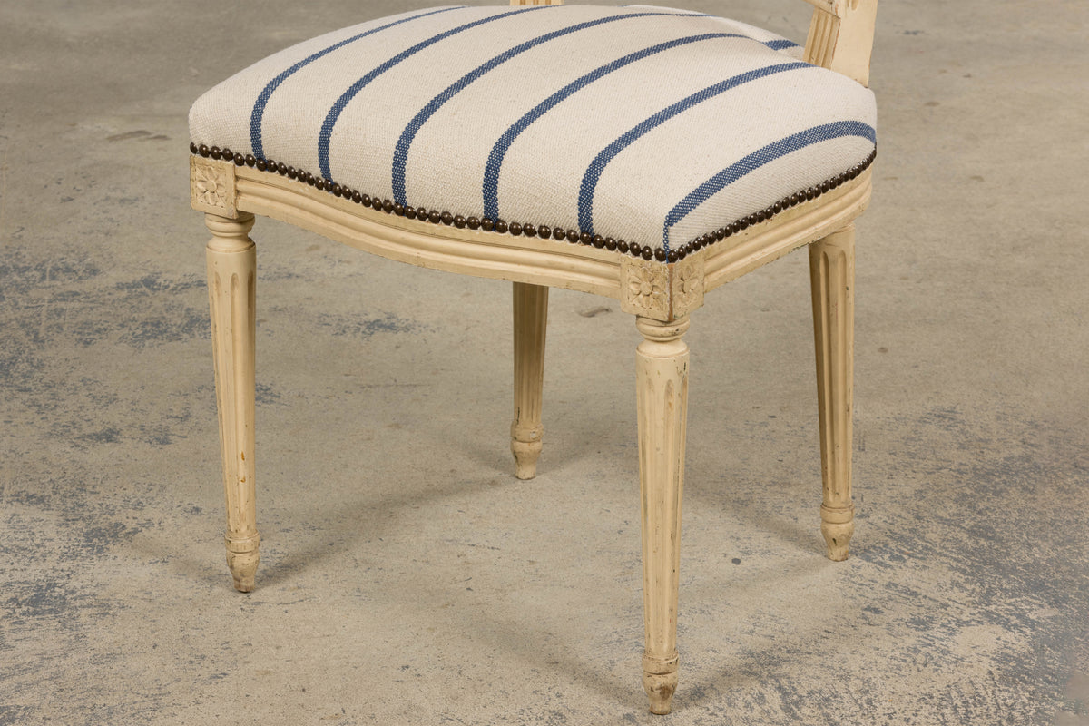 Antique French Louis XVI Painted Cane Back Dining Chairs in Blue Stripe - Set of 6