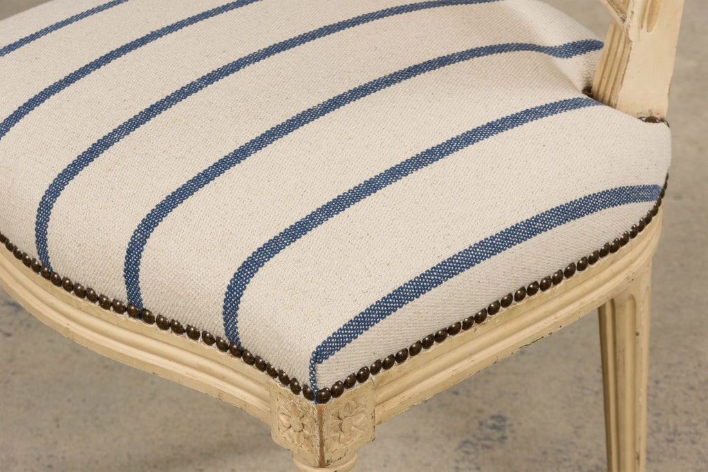 Antique French Louis XVI Painted Cane Back Dining Chairs in Blue Stripe - Set of 6