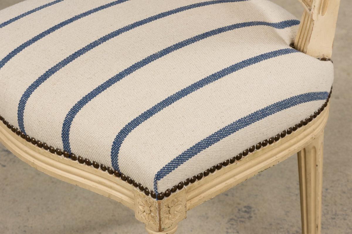 Antique French Louis XVI Painted Cane Back Dining Chairs in Blue Stripe - Set of 6