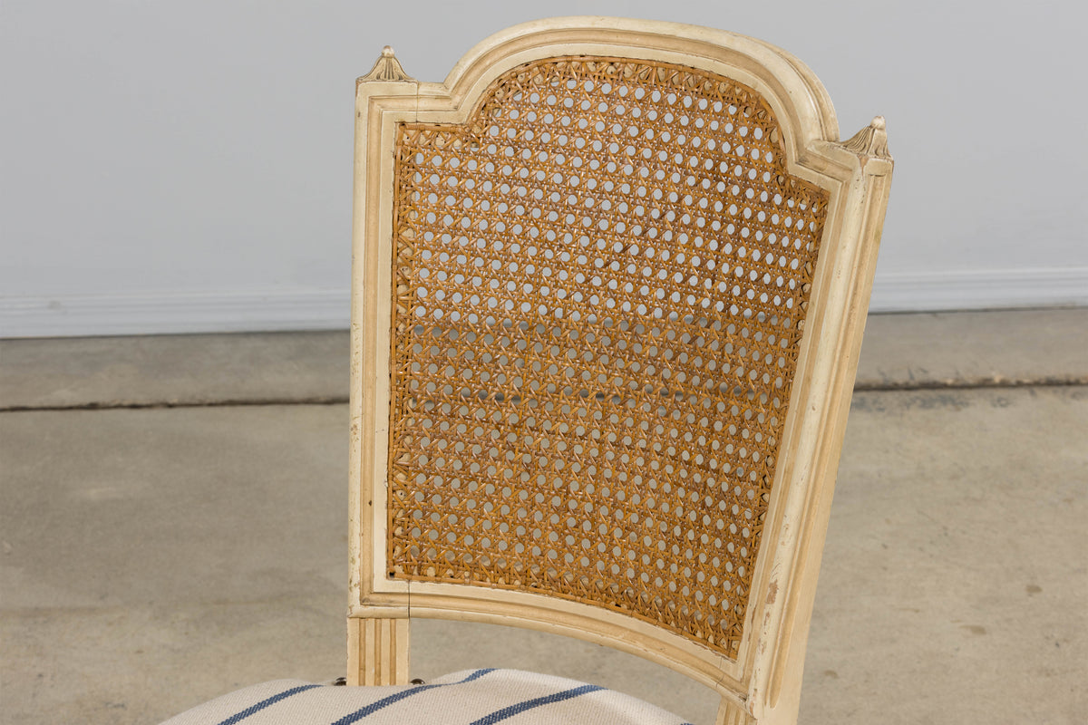Antique French Louis XVI Painted Cane Back Dining Chairs in Blue Stripe - Set of 6