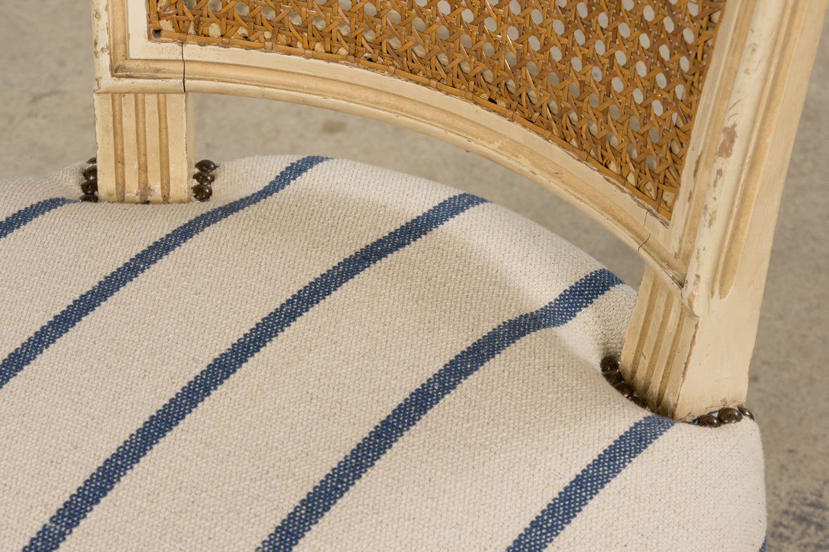 Antique French Louis XVI Painted Cane Back Dining Chairs in Blue Stripe - Set of 6